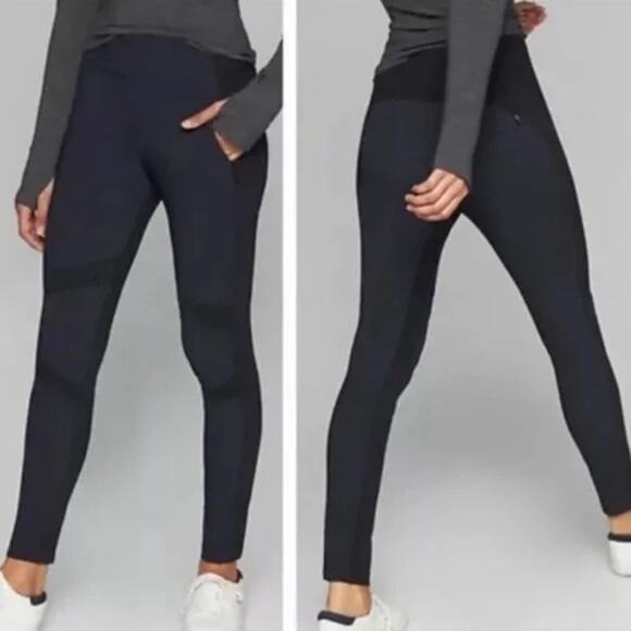 Athleta Highline Hybrid Summiter Leggings Black Navy Zip Pockets Small Athletic - Picture 1 of 8